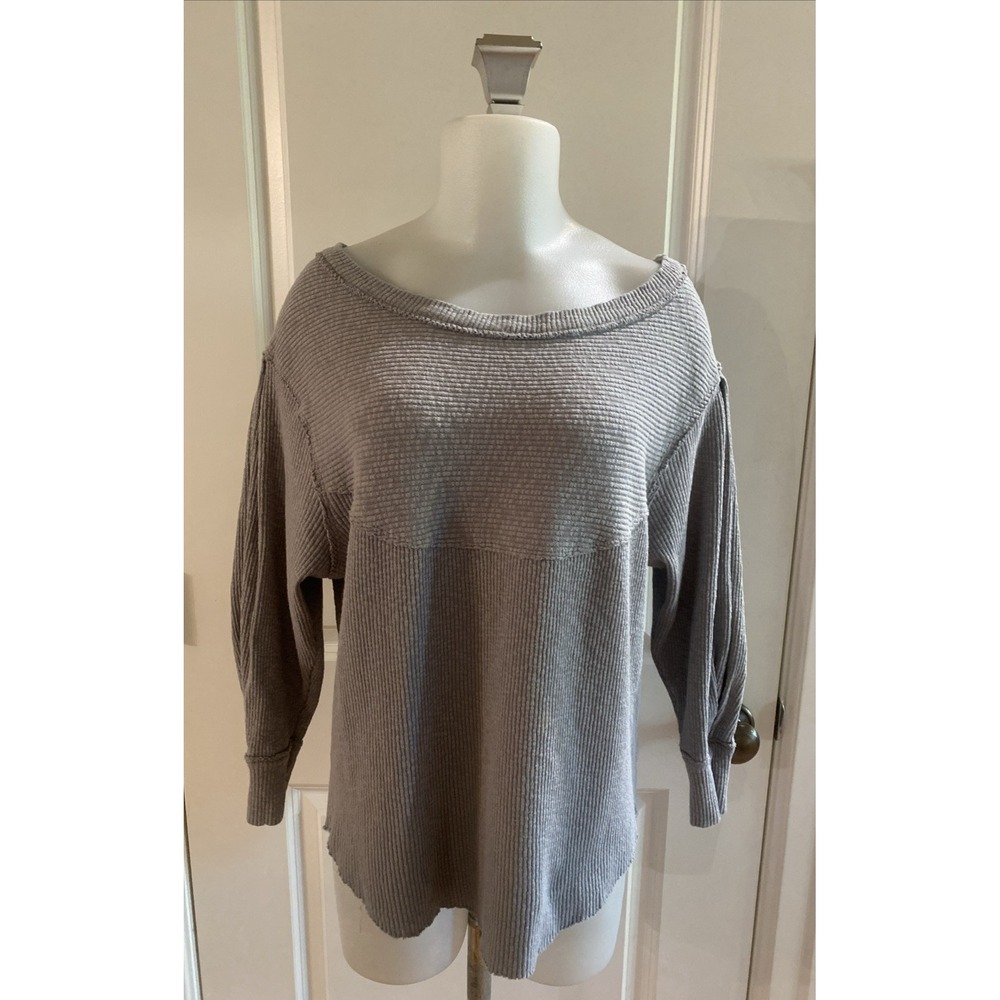 We The Free Long Sleeve Waffle Knit Top Gray Casual Comfy Womens- XS